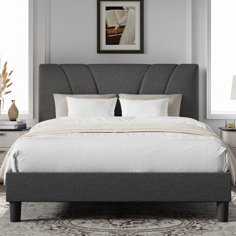 King Bed Frame and Headboard, Linen Upholstered King Bed Frame with Wood Slats Support, No Box Spring Needed