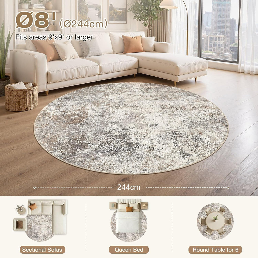8ft Round Area Rug Living Room Rugs - 8x8 Washable Neutral Modern Abstract Soft Thin Rug Indoor Floor No Slip Rug