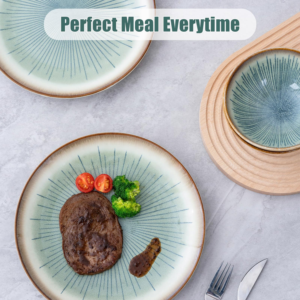 Dinnerware Set Green Stoneware 16 Pieces Service for 4, Stoneware Plates and Bowls Set Highly Chip Dishwasher