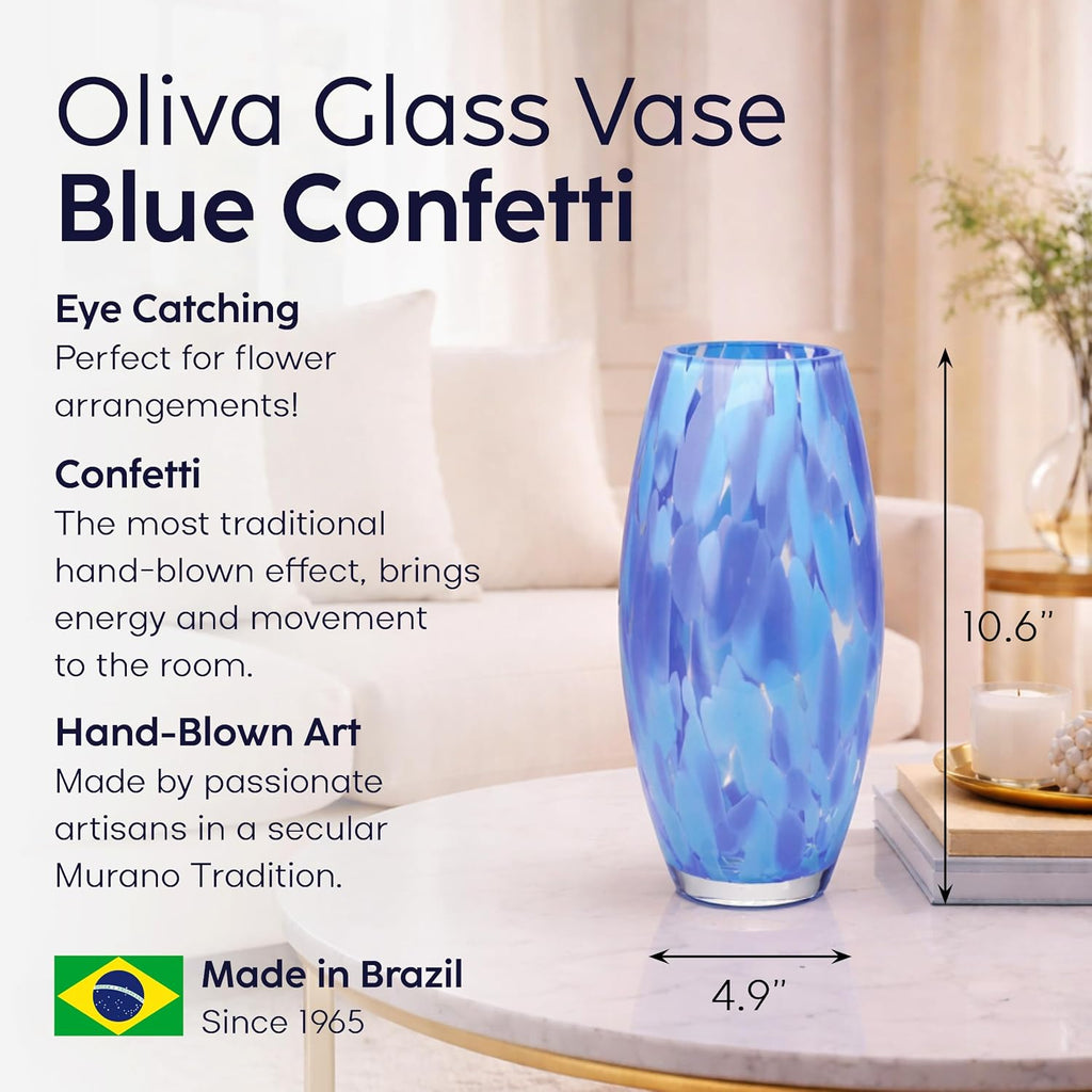 Murano Style Art Glass Vase Hand Blown Blue Confetti Effect Home Decor