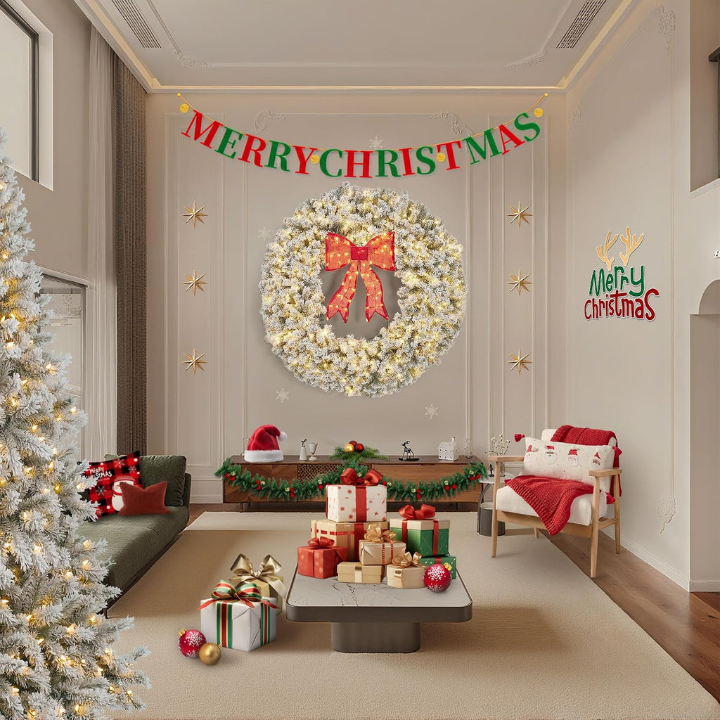 48-Inch Pre-Lit Flocked Artificial Christmas Wreath with Red Bow & Warm White LED Lights - Weather-Resistant PVC