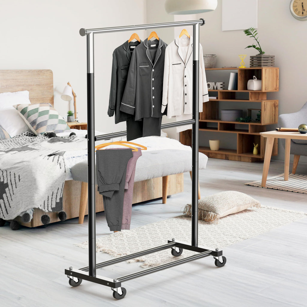 Double Rod Adjustable Clothing Garment Rack, Black