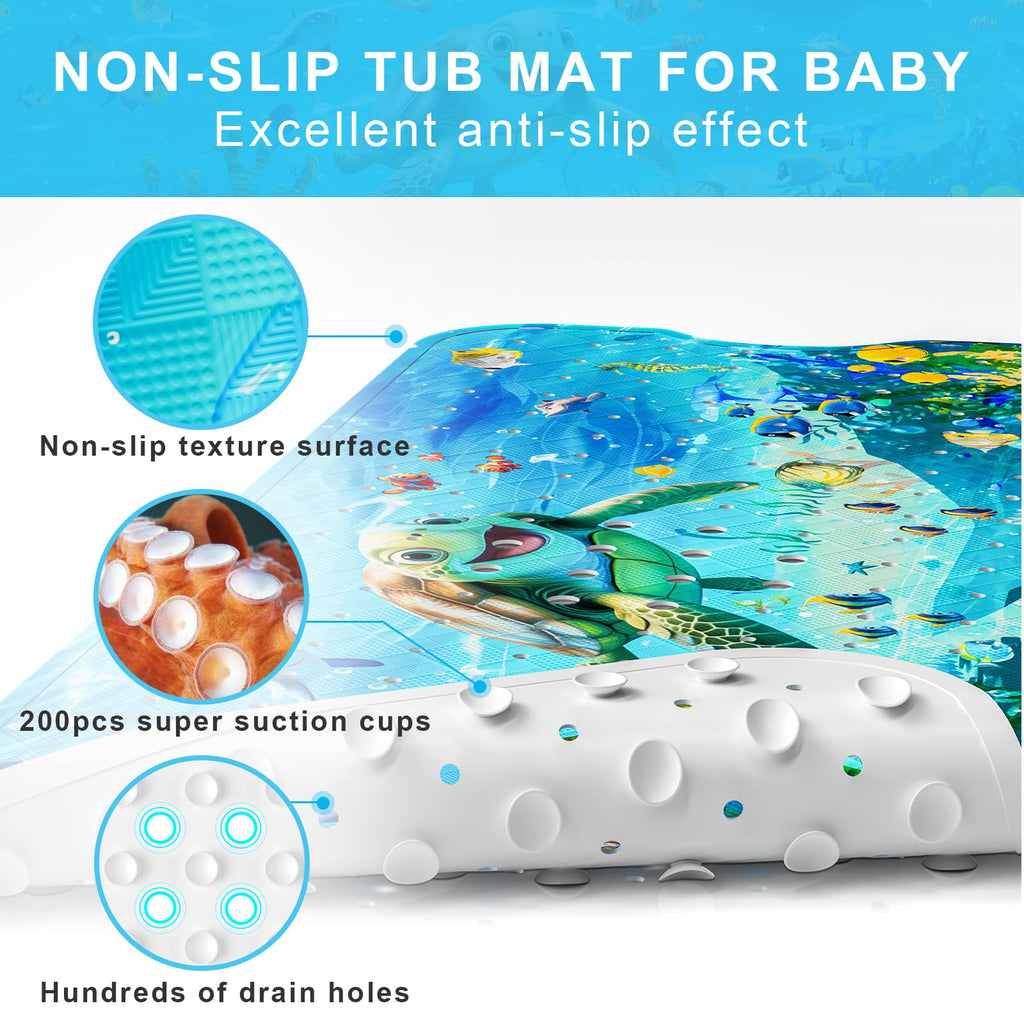 Bath Mat for Tub Non Slip Kids Bathtub Mat 40x16 Baby Bath Mat, Blue Sea
