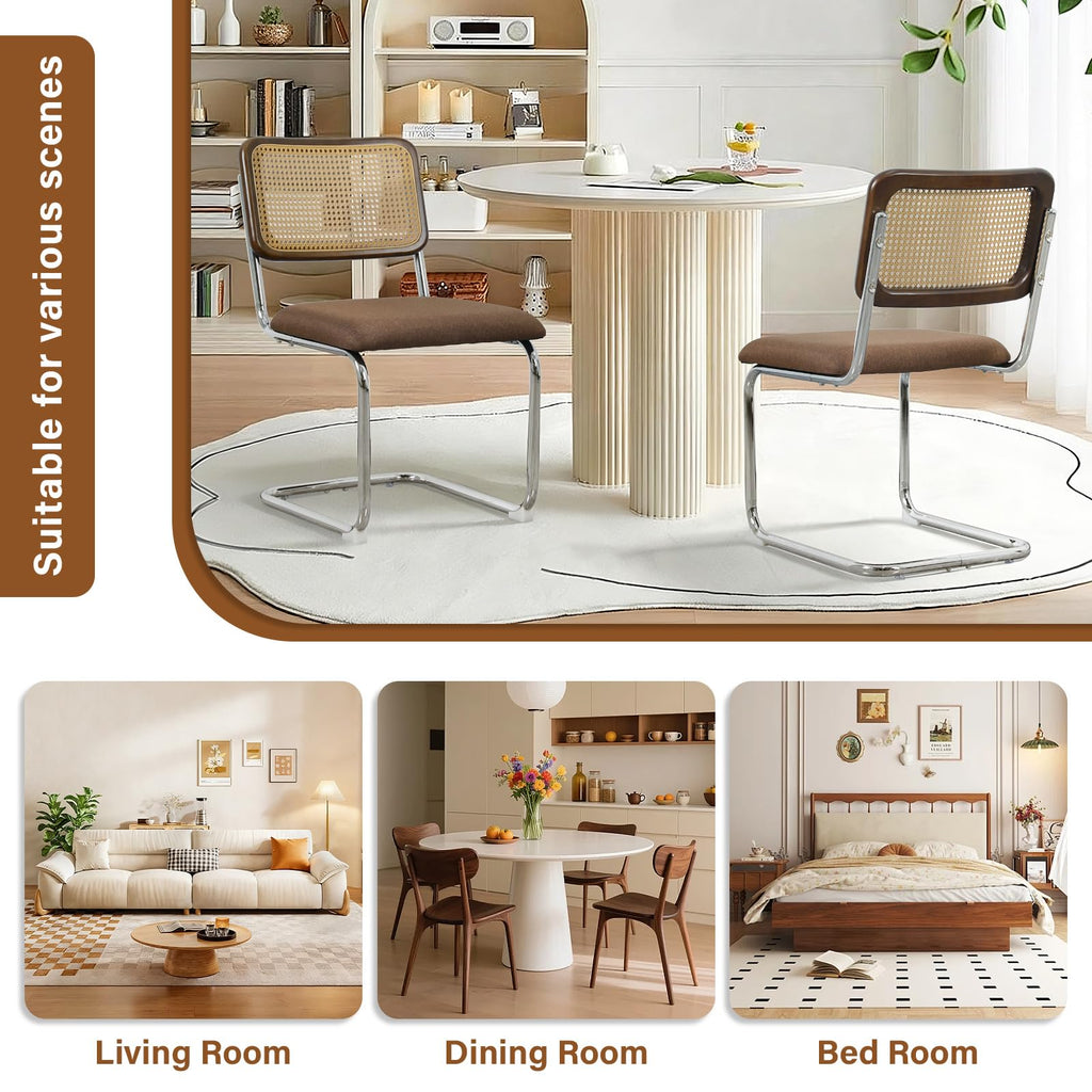 Rattan Dining Chairs Set of 2, Linen Cesca Chair Kitchen Chair, Coffee2