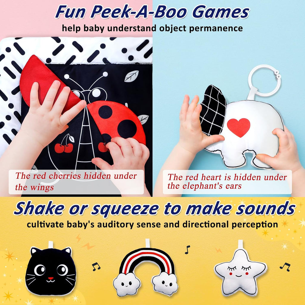 Black and White Baby Gym Play Mat with 6 Toys Tummy Time Activity Mat for Babies 0-6 6-12 Months High Contrast Baby