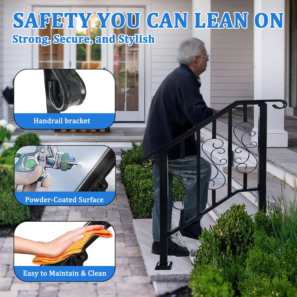 Outdoor Stair Railing Black Wrought Iron Handrail for 2 to 3 Steps