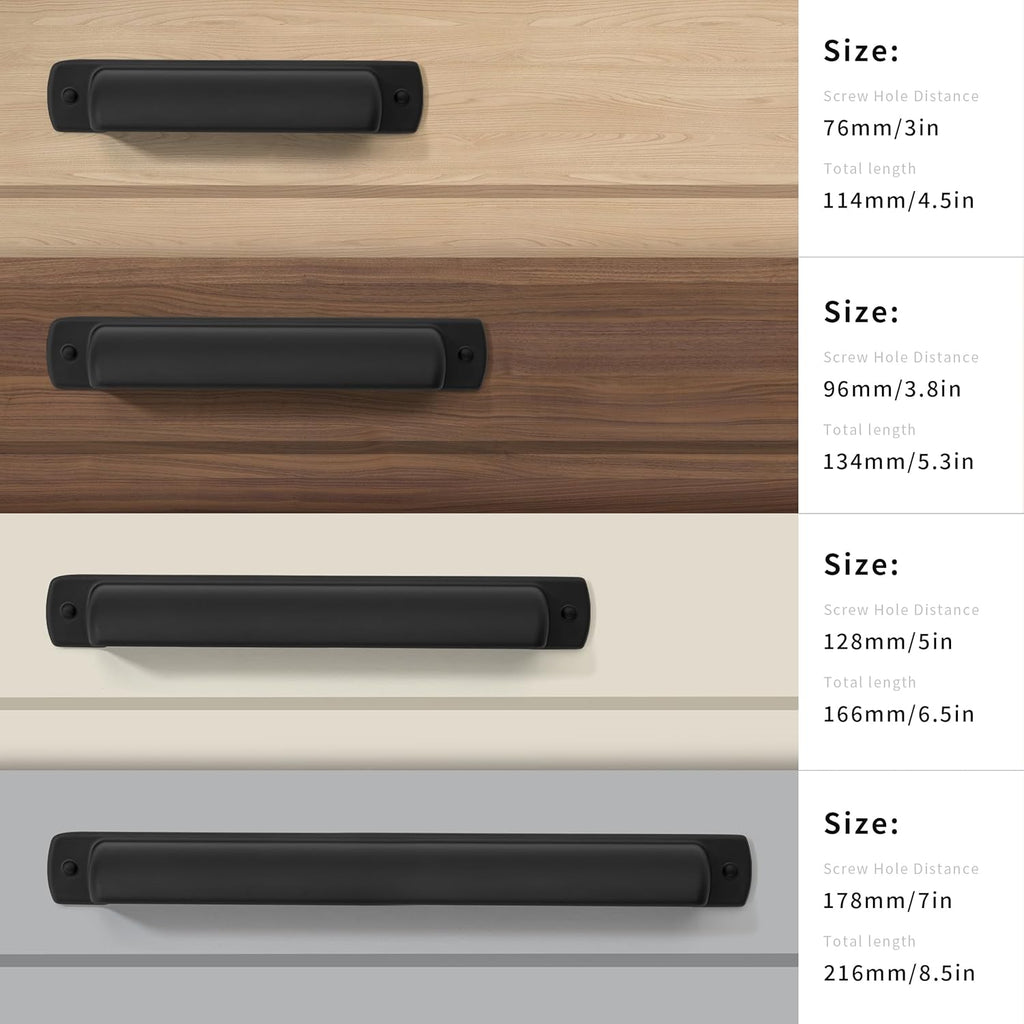6 Pack Black Cup Pulls 3"(76mm) Center to Center Drawer Pulls Matte Black Cabinet Cup Pulls Kitchen Cabinet Hardware