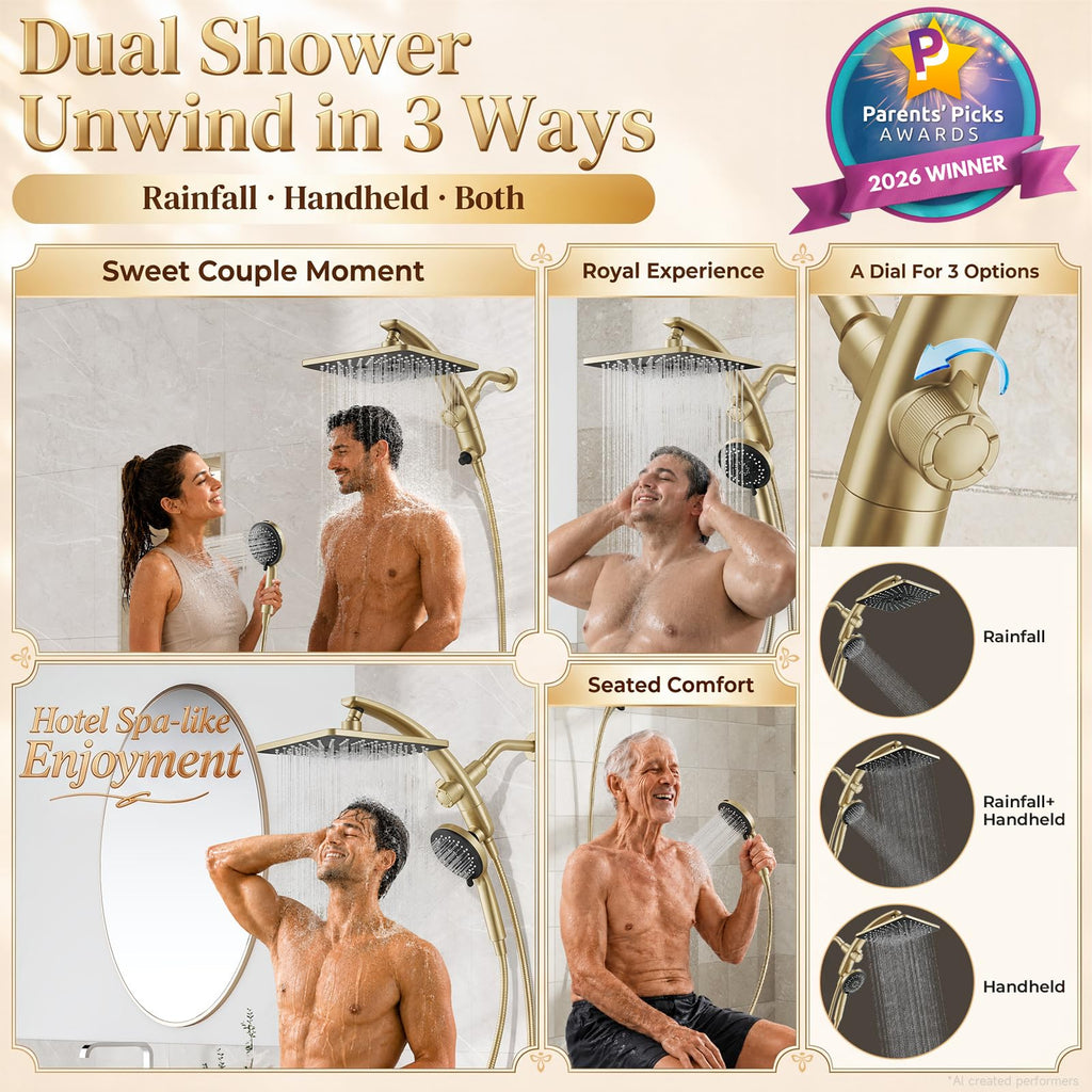 10" Gold Rain Shower Head with Handheld, 8 Functions Rainfall, Magnetic