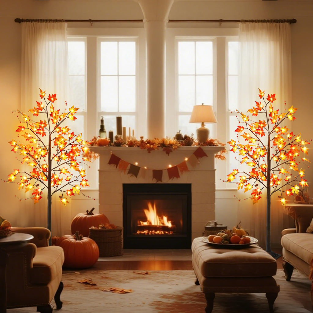 2 Pack LED Lighted Maple Tree, 5 FT Lighted Artificial Tree for Thanksgiving Harvest Fall Festival Halloween Home