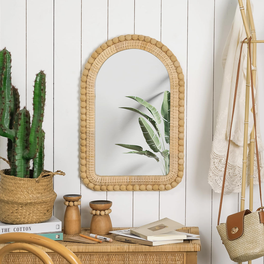 Arched Rattan Wall Mirror - 16x24 Inch Boho Elegance with Woven Frame and Wooden Bead Trim, Decorative Mirror Vanity