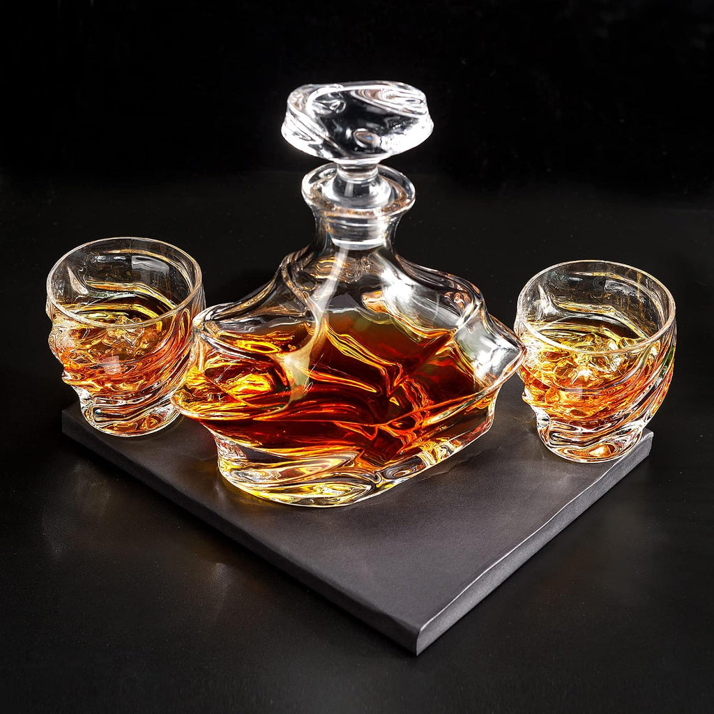 Whiskey Decanter Set - 25 Oz Crystal Liquor Decanter Carafe with 4 Rock Glasses 9 Oz For Bourbon, Scotch, Vodka, Rum - Set of 5