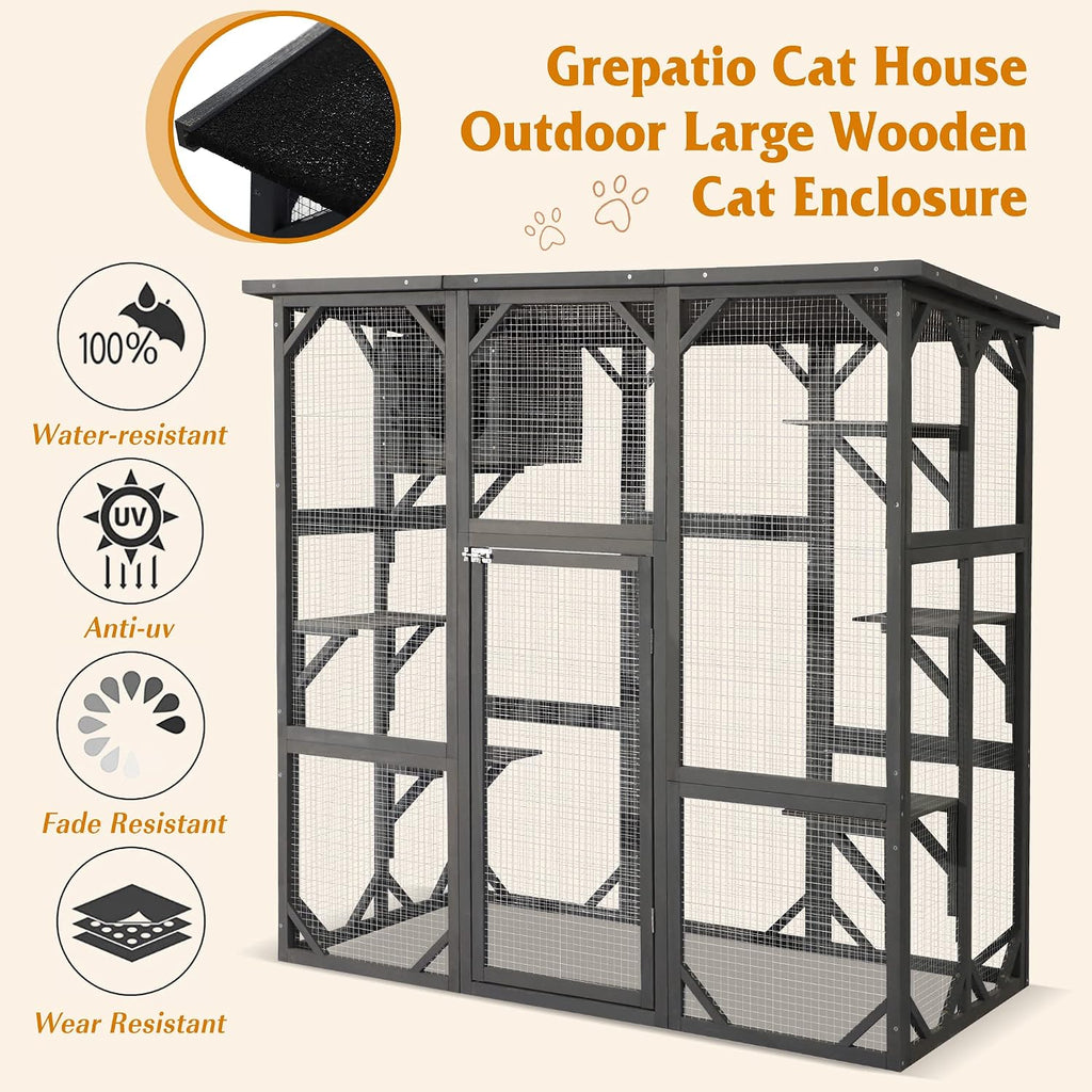Cat Enclosure Large Outdoor Catio Wooden Cat House with Weatherproof, Cat Cage Condo Indoor Playpen with Platform