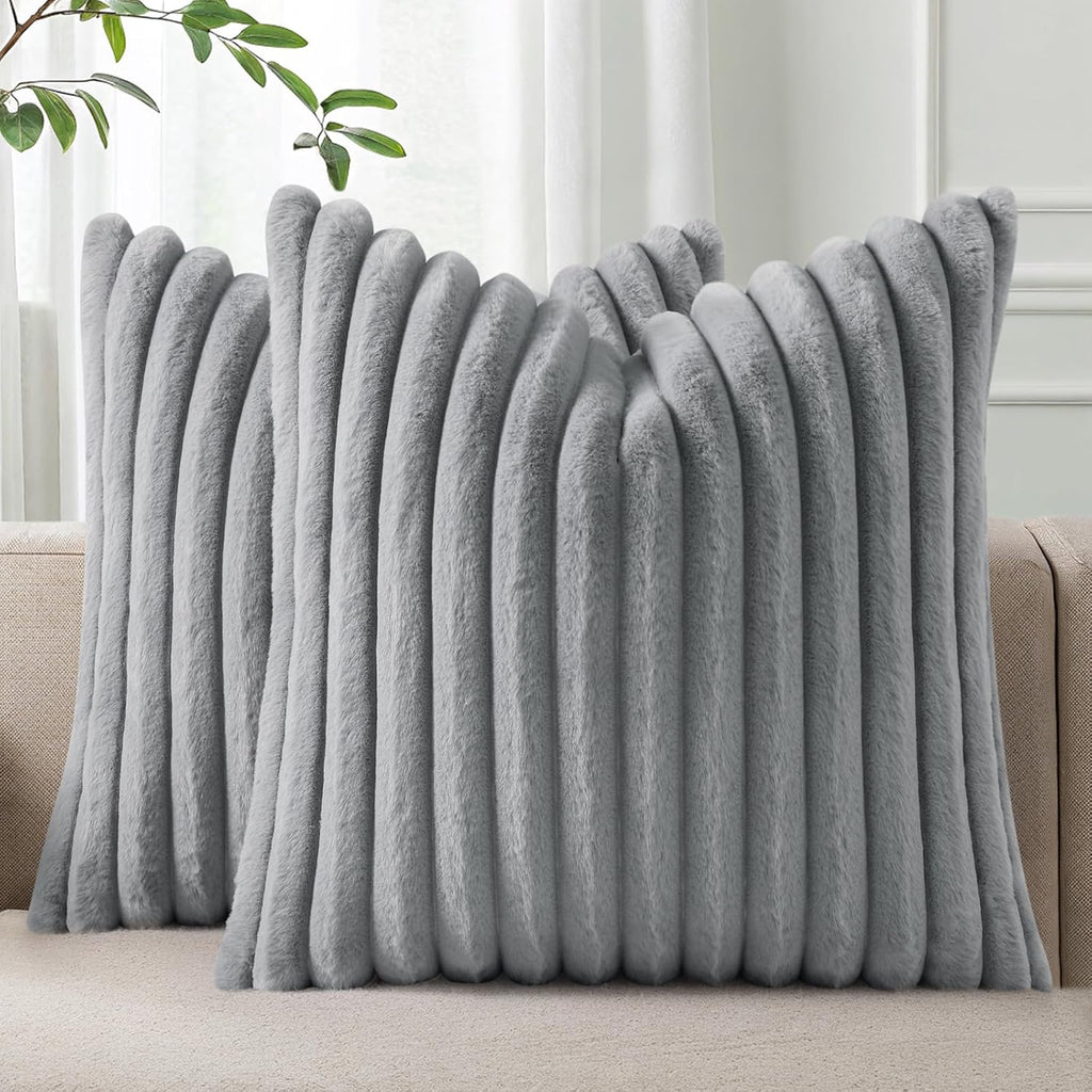 Faux Fur Plush Throw Pillow Covers 18x18 Set of 2, Luxury Soft Fluffy Striped Decorative Pillow Covers, Grey
