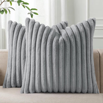 Faux Fur Plush Throw Pillow Covers 18x18 Set of 2, Luxury Soft Fluffy Striped Decorative Pillow Covers, Grey