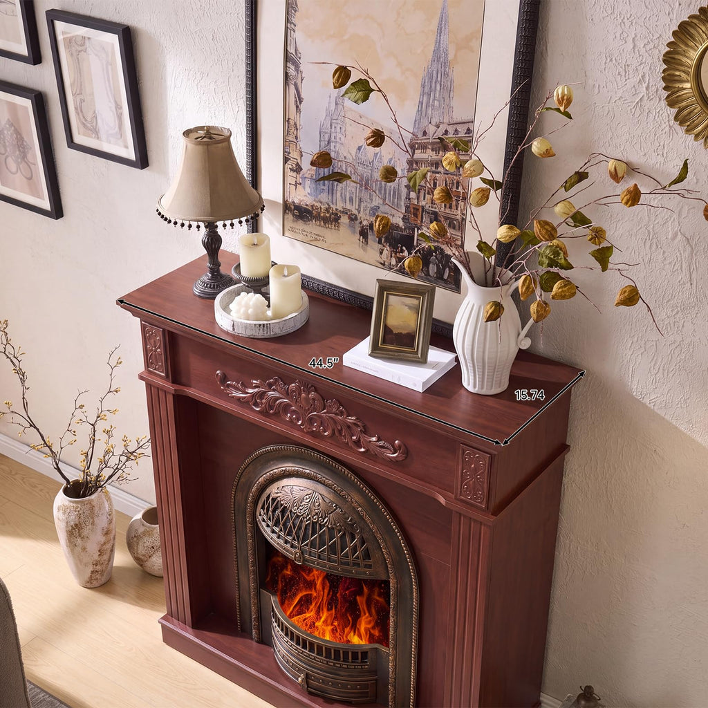 45" Electric Fireplace with Mantel, Cherry Red Farmhouse FreeStanding Electric Fireplace Heater Entertainment Center