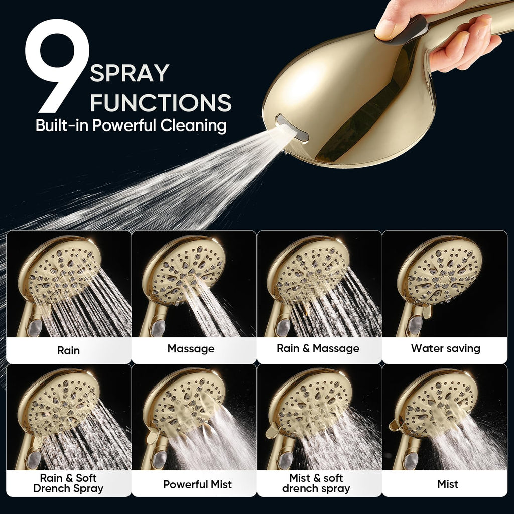 9 Spray Modes Handheld Shower Head, Water-Saving, Gold
