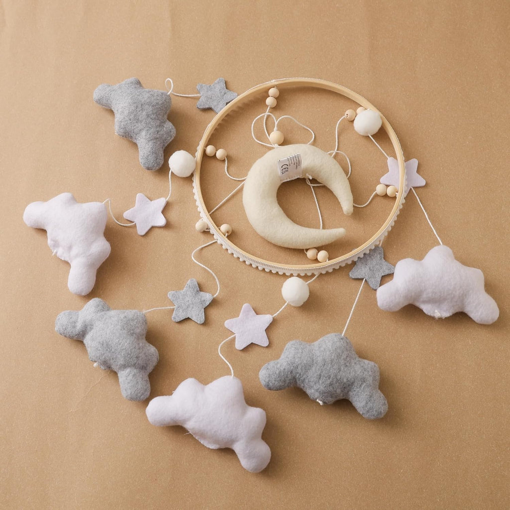 Nordic Boho Baby Crib Bell - Moon & Stars Felt Nursery Decor, Neutral Minimalist Baby Room Hanging Ornament, Modern
