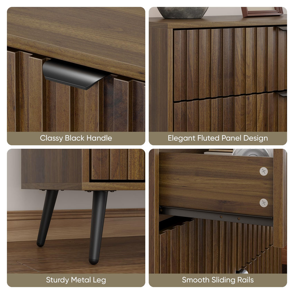 Fluted 6 Drawers Dressers, 47.24" W Chest of Drawers, Mid- Century Modern Wooden Dresser TV Stand Drawer Storage