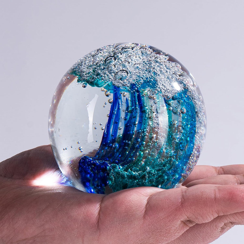 3.15" Ocean Wave Art Glass Paperweight, Hand Blown s Collectibles, Ocean Waves Decor Coastal Beach