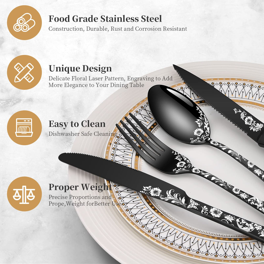 48-Piece Black Silverware Set with Steak Knife, Black Flatware Sets for 8, Stainless Steel Cutlery Set Includes Forks