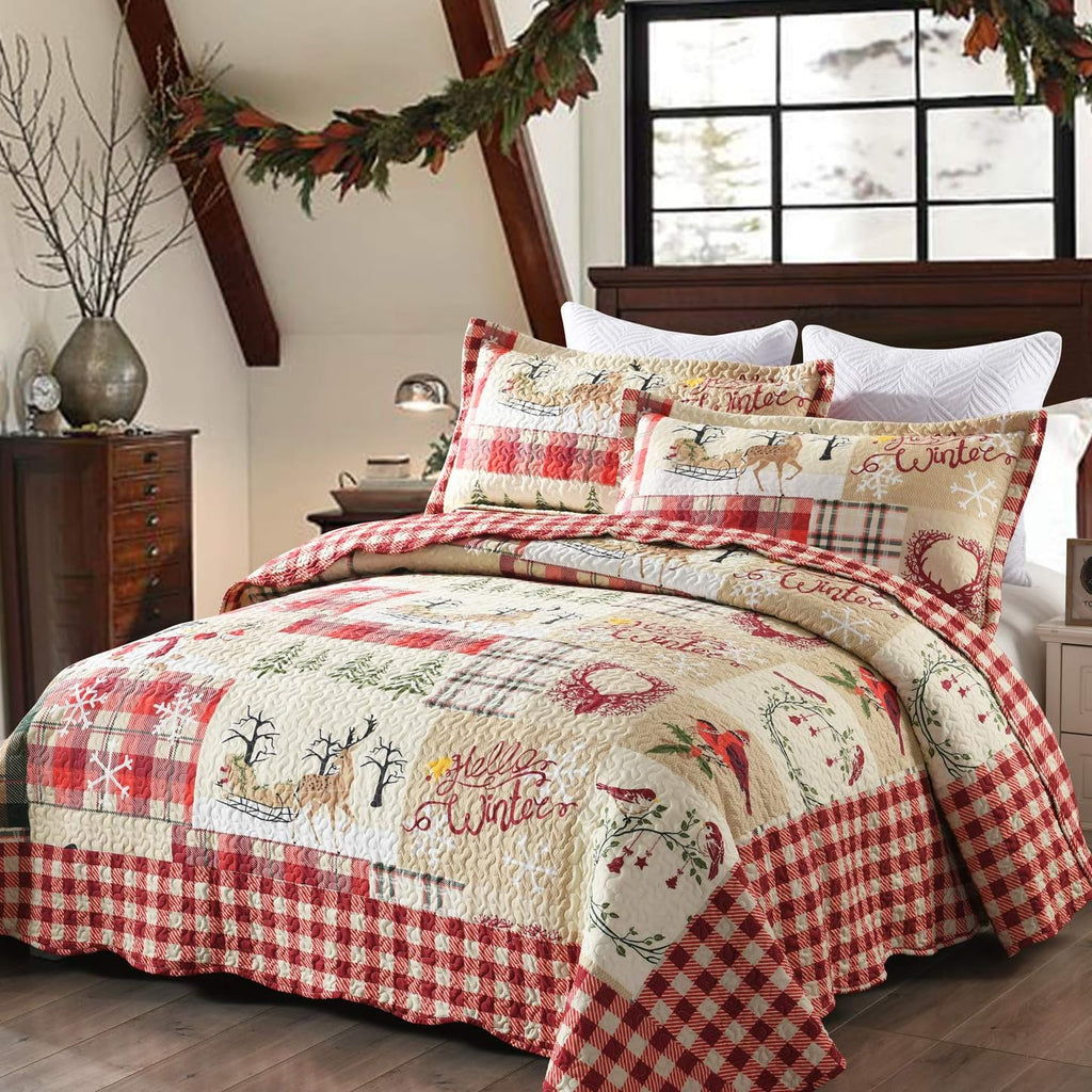 Christmas Reindeer Plaid Quilt Set Red Patchwork Bedding Bedspread