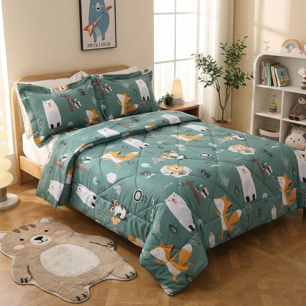 Green Forest Animals Kids Comforter Set Twin, 2 Piece Woodland Printed Microfiber Bedding Set, Machine Washable