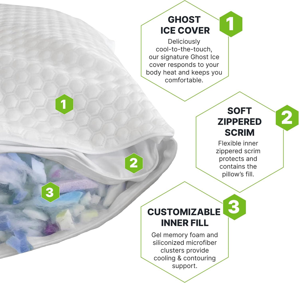 Shredded Memory Foam Pillow with Adjustable Gel and Cooling Breathable Cover - Queen Size Shredded Pillows