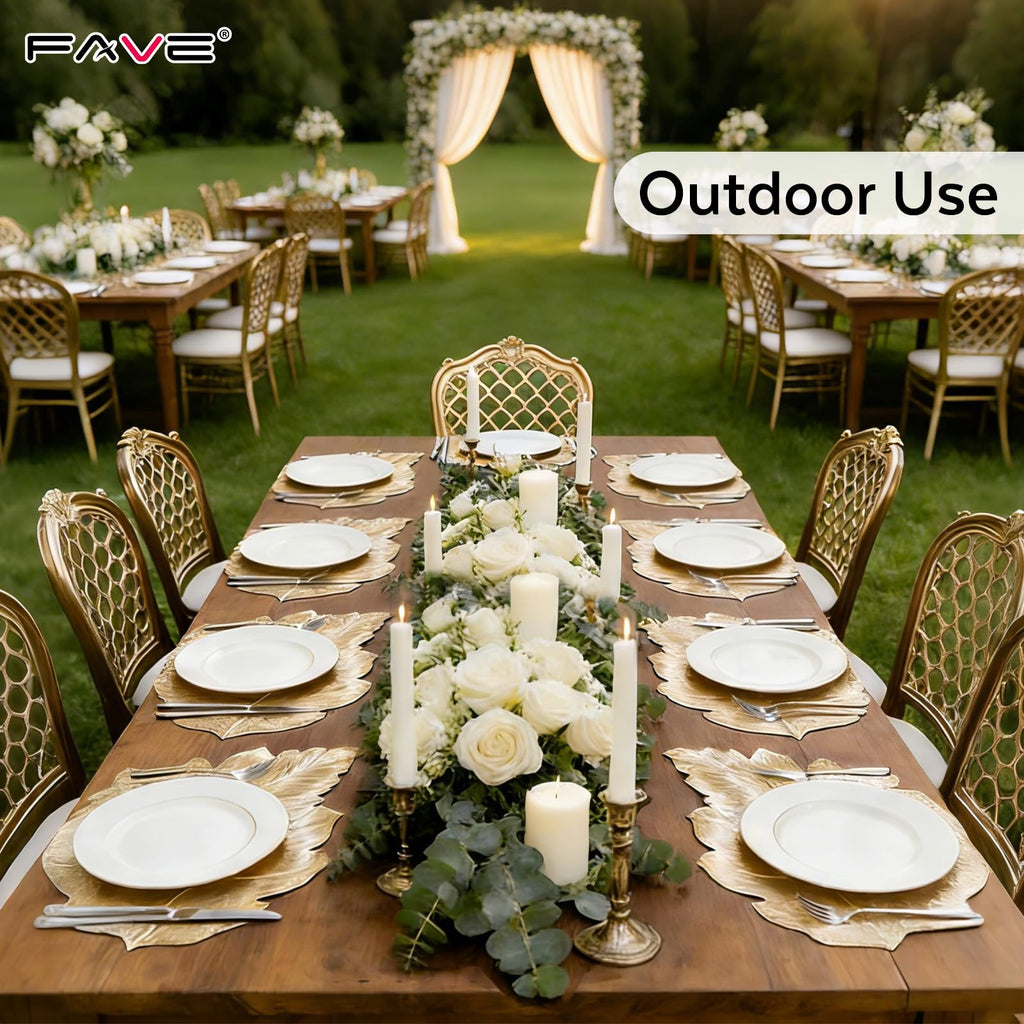 Gold Vinyl Placemats Set of 6, Washable Leaf Patterned Table Mats