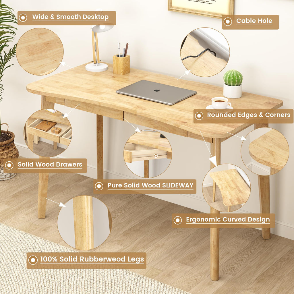 100% Solid Wood Desk with Drawers - 48 x 24 Inch Home Office Computer Desks, Modern Writing Desk with Drawers, Simple