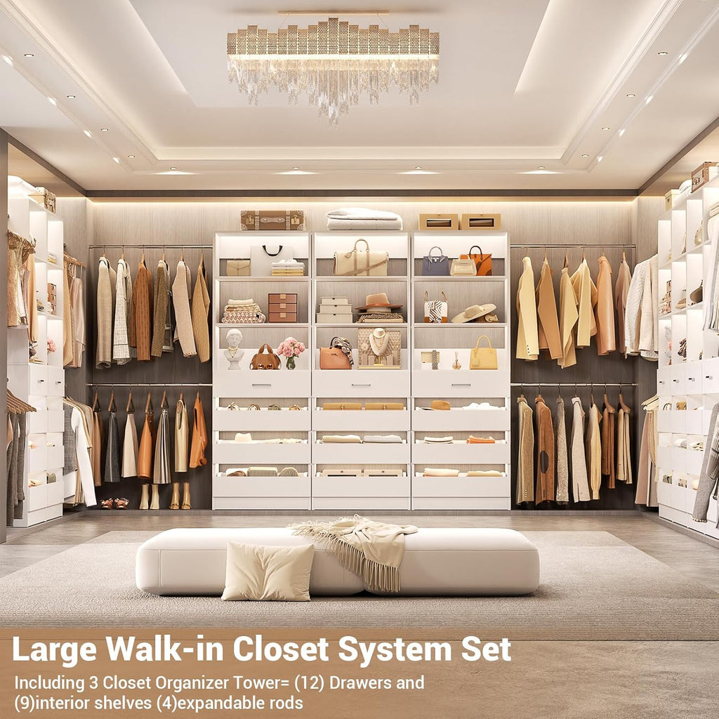 Closet System with 12 Drawers, 8.5-11.5Ft Wood Closet Organizer System with 4 Hanging Rods & 3 Towers, 4Ft & 6Ft