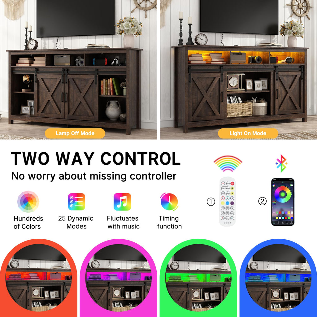 57In Wooden Farmhouse Entertainment Center for 60/65 inch TV, Double Layer Storage Farmhouse TV Stand, Double-Row