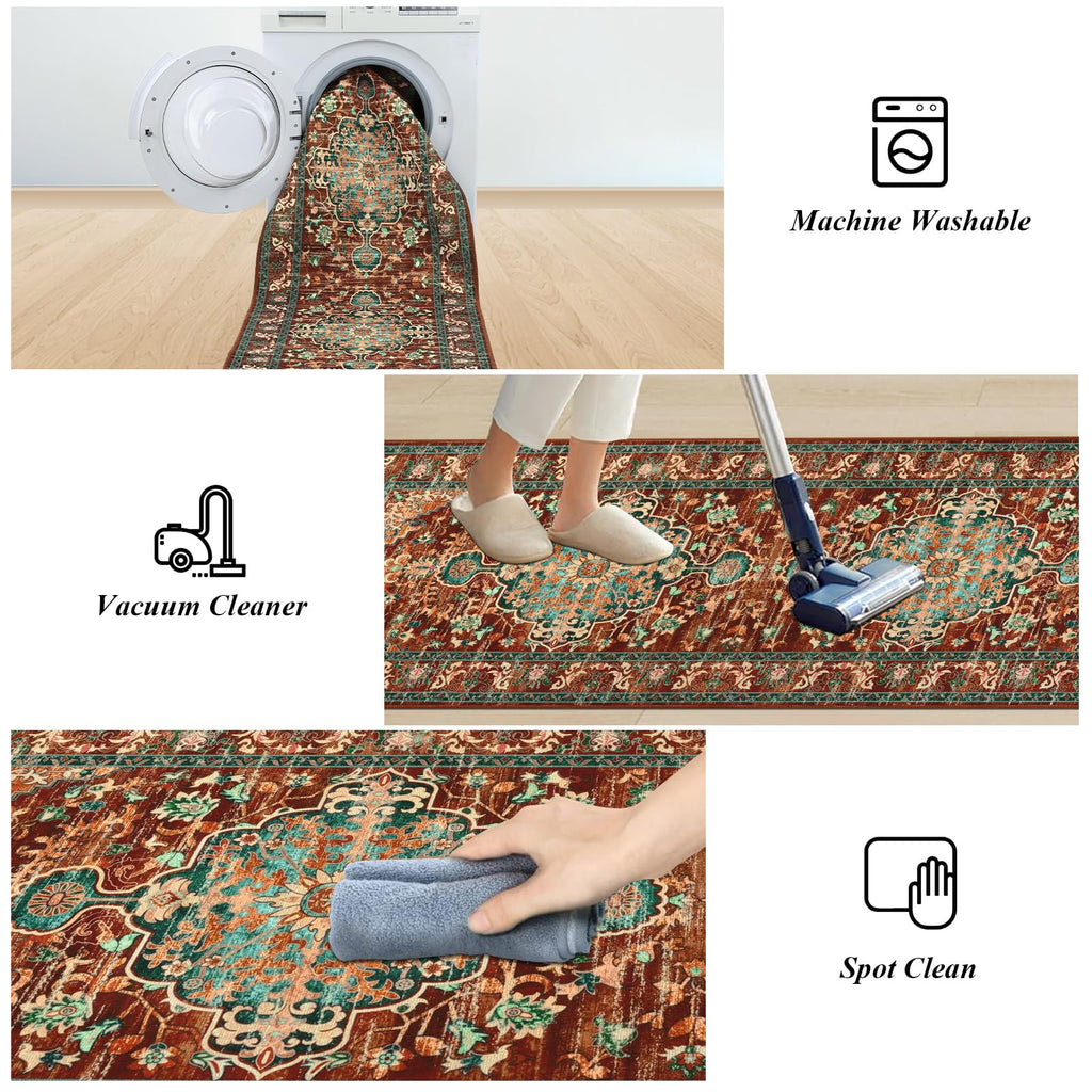 Boho Hallway Runner Rug, Washable Carpet, Rust&Teal