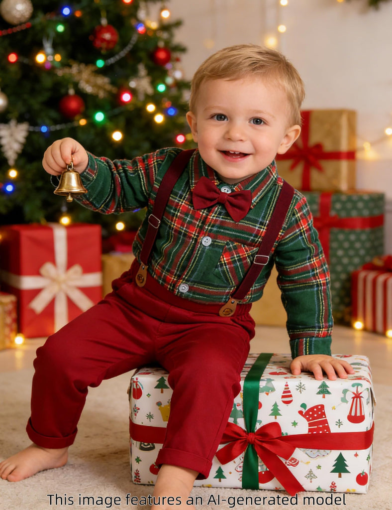 Baby Boys Suits Dress Christmas Outfits Plaid Green and Red