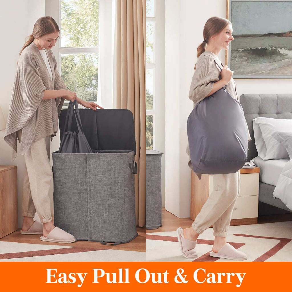 Double Laundry Hamper with Lid, Removable Laundry Bags, Gray