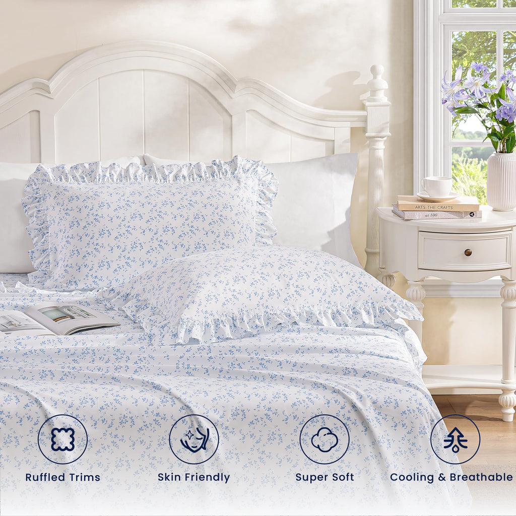 Blue Floral Print Queen Ruffled Sheet Set 4 Pcs - Soft Lightweight Microfiber Bedding Set with Deep Pocket Fitted