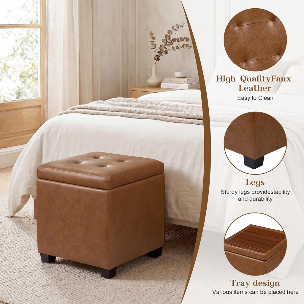 15 inch Square Storage Ottoman with Tray Lid,Modern Tufted Faux Leather Cube Coffee Table with Storage,Upholstered