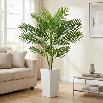4.2FT Palm Tree Artificial with with 20 Leaves, Lifelike Artificial Plants Indoor with White Tall Planter Outdoor