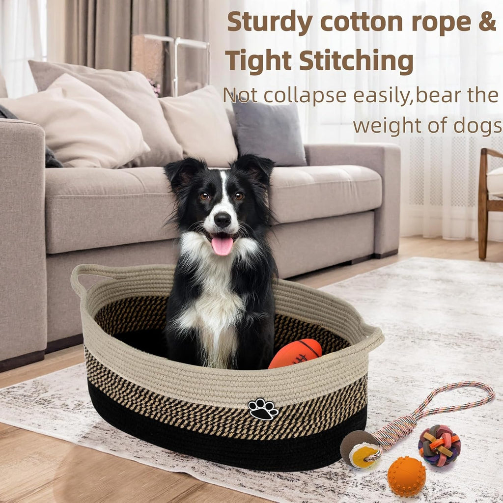 40L Extra Larg Dog Toy Basket, Woven Rope Storage Basket, Black-Brown