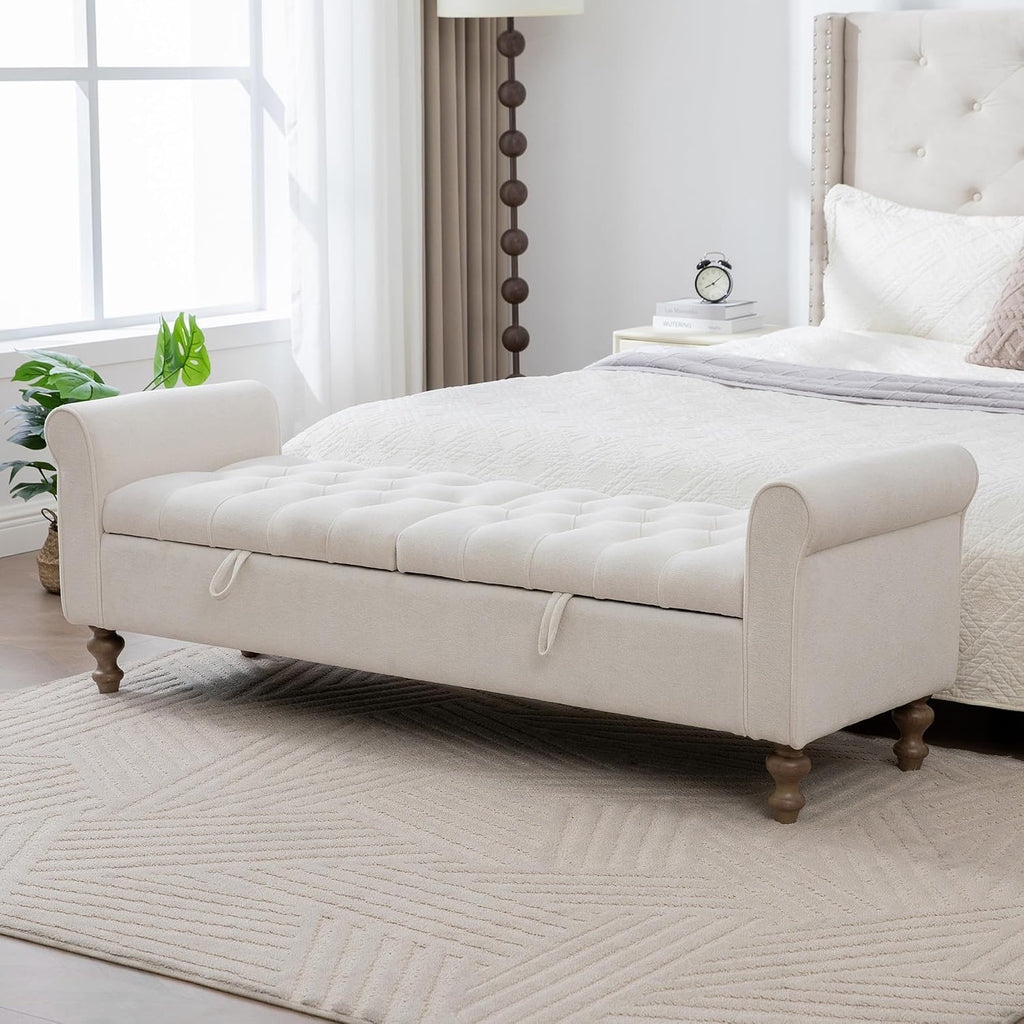 66" End of Bed Storage Bench King Size Beige,Napped Fabric Window Bench with Dual-Opening Compartments,Long Tufted