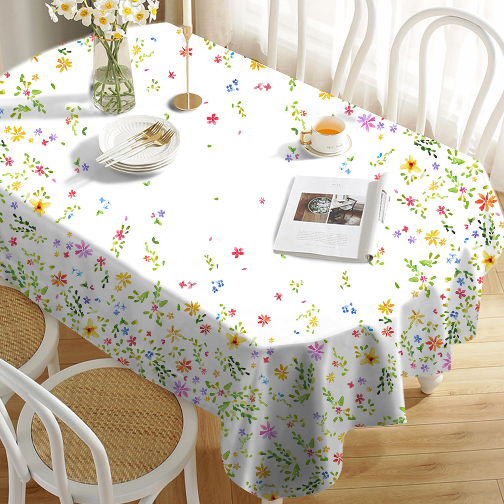 Floral Oval Tablecloth 60x84In, Spring Watercolor Flower Tablecloth, Country Farmhouse Polyester Waterproof