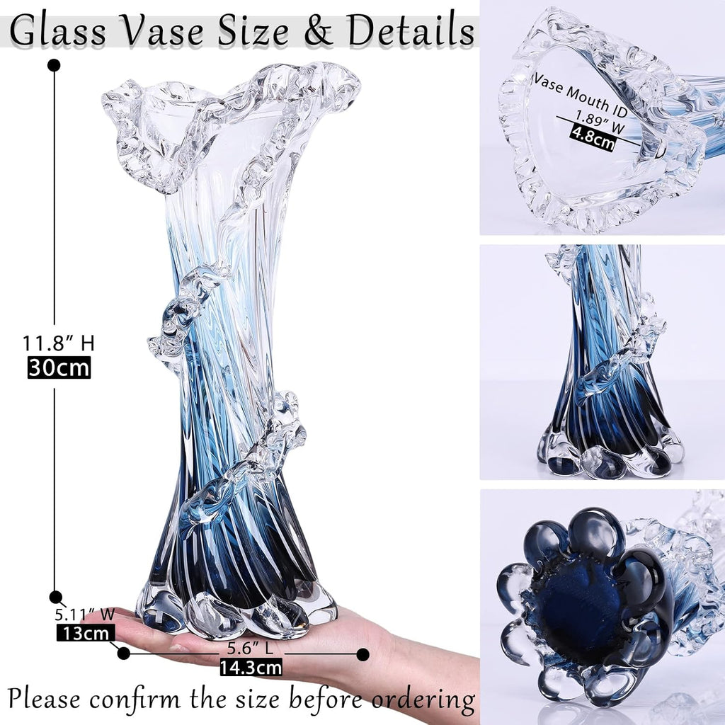 Hand Blown Blue Glass Vase, Unique Art Beautiful Ocean Glass Vase for Coastal Home Decor, Coffee Table, Living Room