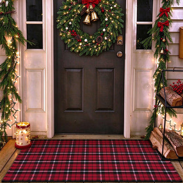 Christmas Door Mat Buffalo Plaid Outdoor Rug Christmas Decor Welcome Rug Cotton Hand-Woven Layered Door Mats for