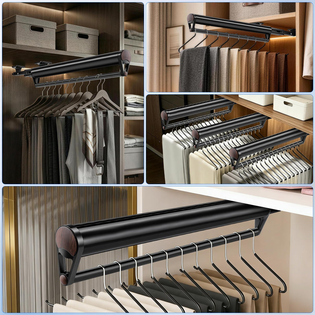 Valet Rod for Closet Pull Out, Adjustable Pants Rack, Walnut Wood Grain
