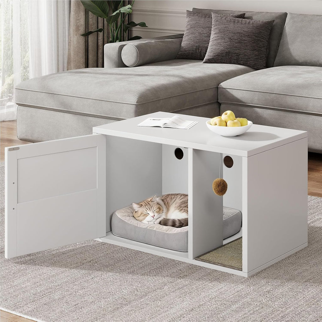Cat Litter Box Enclosure Furniture - Hidden Cabinet with Odor Control & Scratching Pad, Wooden End Table Bedroom