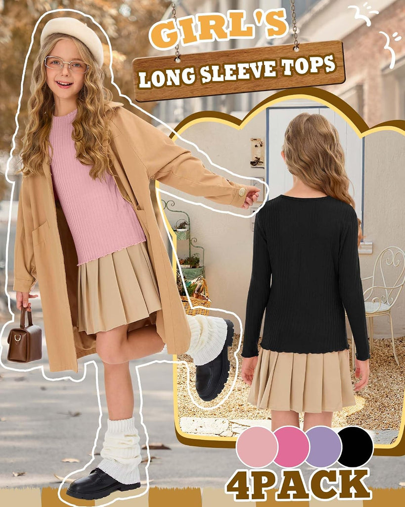 4 Pack Girls Long Sleeve Shirts Kid Cotton Ribbed Top