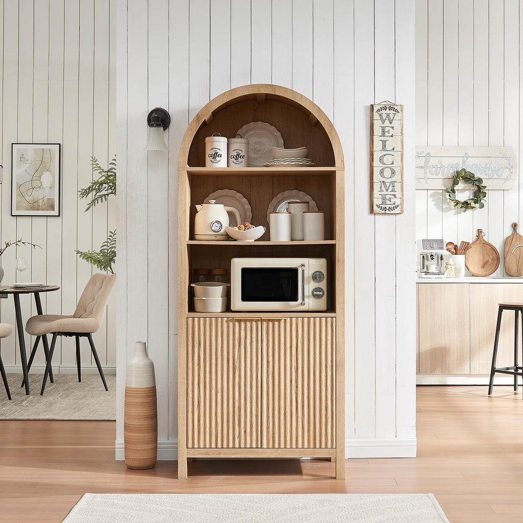 Arched Cabinet Bookshelf Bookcase - 71" Tall Mid Century Arched Display Cabinets, Rounded Bookshelf with Fluted
