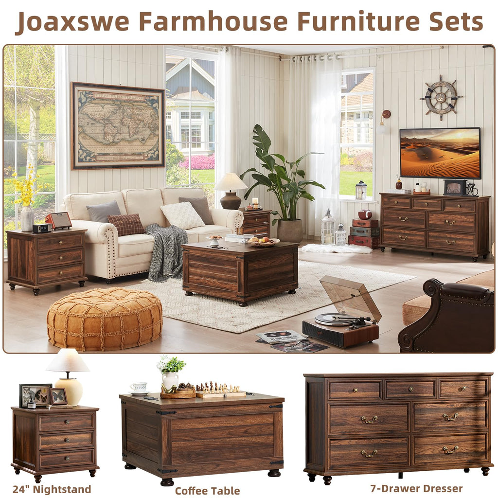 24" Wide Farmhouse Night Stand Set of 2, Large End Table with 3 Drawers & Metal Handle, Brown Wood Dresser Cabinet, Bed