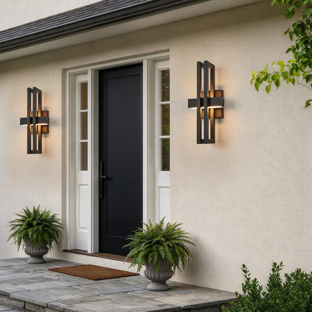 Outside Light 2 Pack, 15Inch Small Black Outdoor Wall Sconce Waterproof Exterior Light Fixture, Modern Wall Mount
