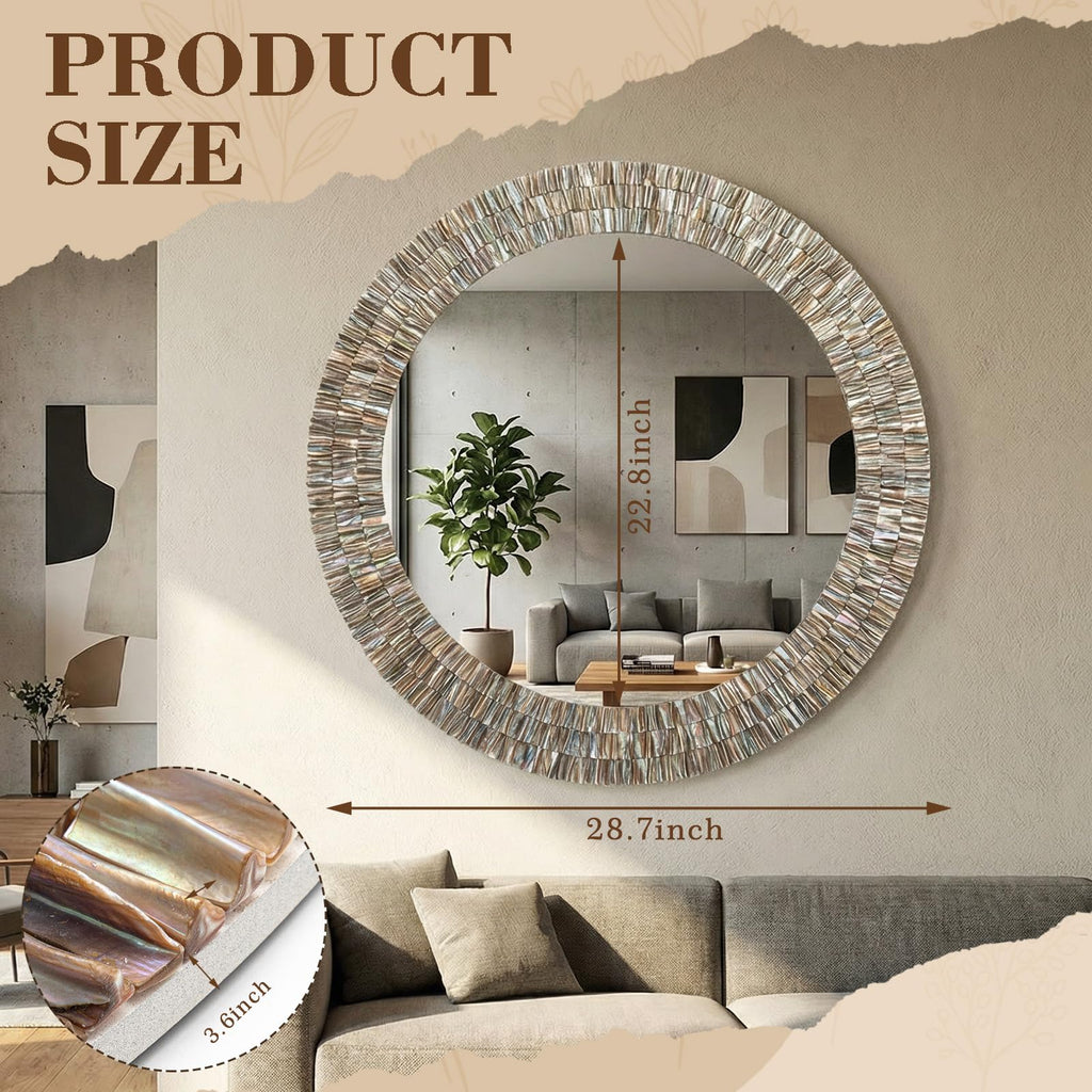 Large 30 Inch Round Capiz Shell Mirror Coastal Seashell Wall Decor