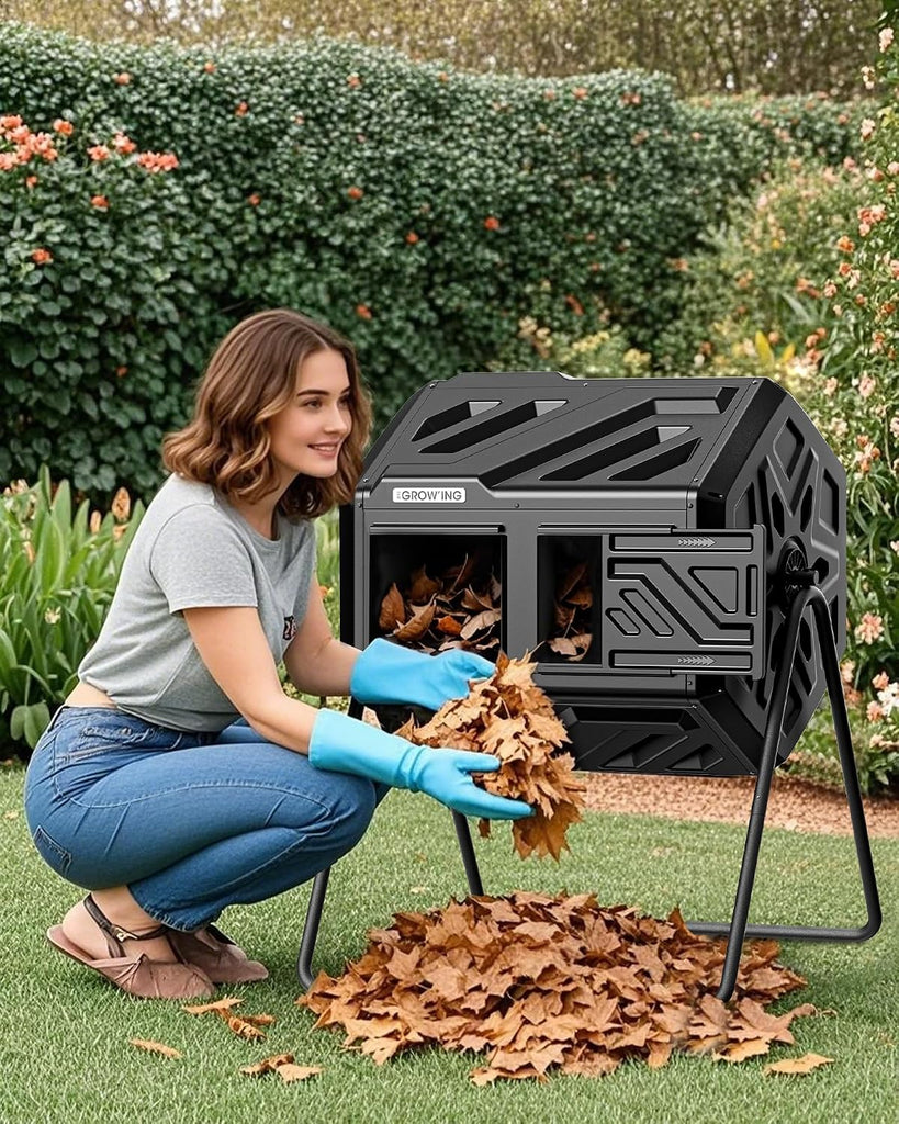 THE Growing 43 Gal Outdoor Compost Bin Tumbler for Backyard Garden, Black | Twin 21.5gal heat-absorbing chambers.